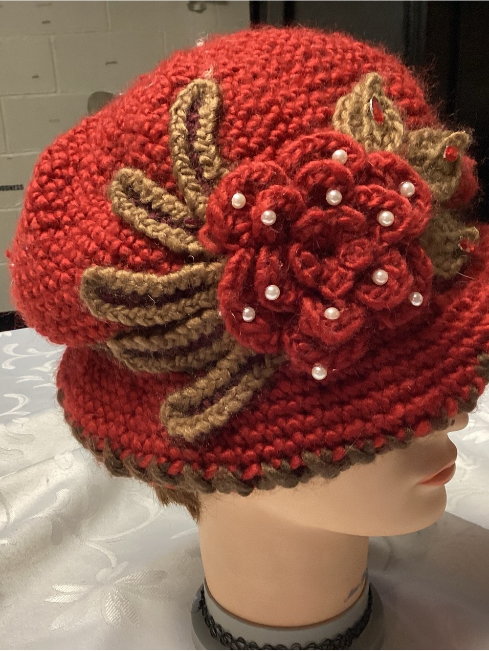 Handcrafted Red Knit Flower Beret with Pearls - Women Accessories